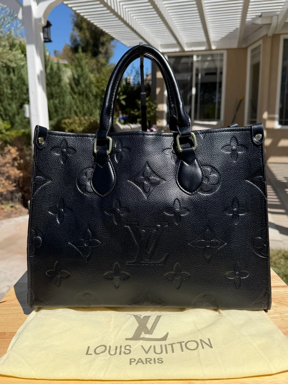 NEW LV Print Large Black Embossed Monogram OnTheGo GM Size Satchel Handbag Purse